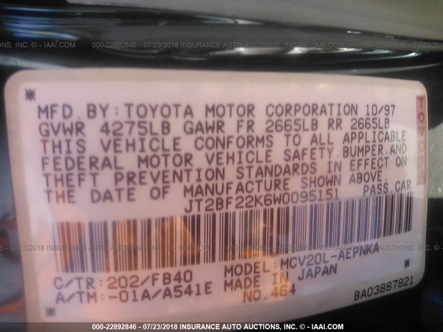 JT2BF22K6W0095151 - 1998 TOYOTA CAMRY CE/LE/XLE 黑色 照片 9