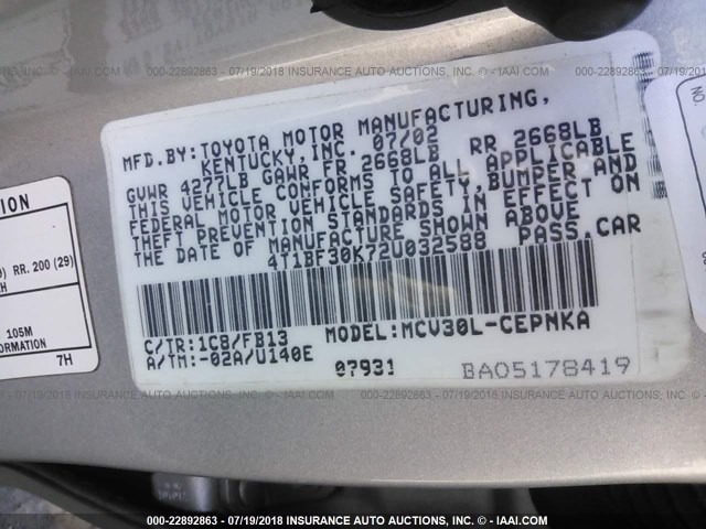 4T1BF30K72U032588 - 2002 TOYOTA CAMRY LE/XLE/SE 银色 照片 9