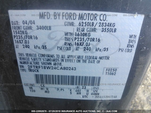 2FTRF18W24CA80243 - 2004 FORD F-150 HERITAGE CLASSIC GRAY photo 9