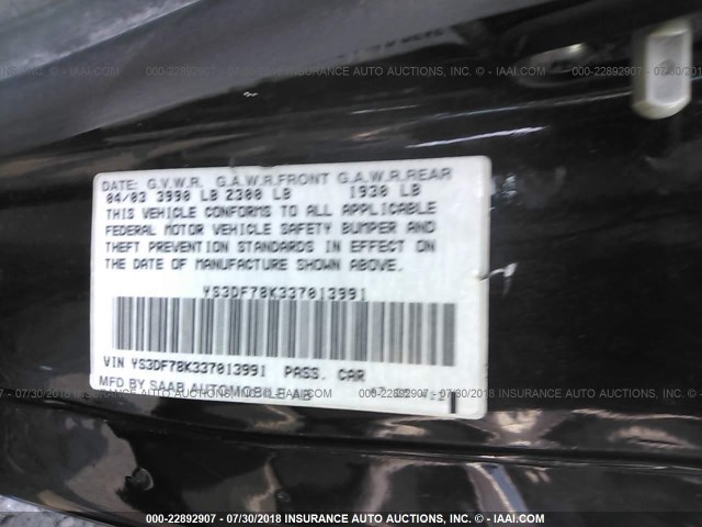 YS3DF78K337013991 - 2003 SAAB 9-3 SE BLACK photo 9