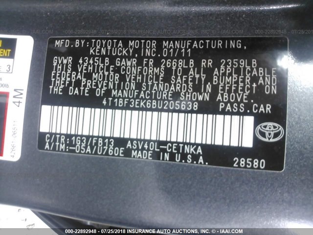 4T1BF3EK6BU205638 - 2011 TOYOTA CAMRY SE/LE/XLE ნაცრისფერი ფოტო 9