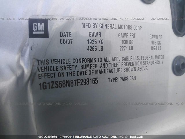 1G1ZS58N87F298165 - 2007 CHEVROLET MALIBU LS SILVER photo 9
