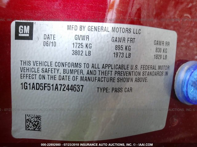 1G1AD5F51A7244637 - 2010 CHEVROLET COBALT 1LT RED photo 9