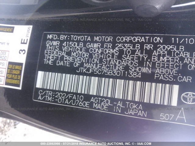 JTKJF5C75B3011384 - 2011 TOYOTA SCION TC BLACK photo 9