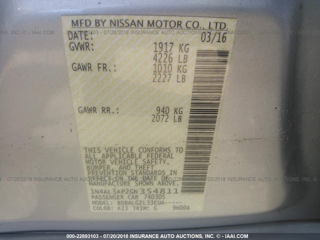 1N4AL3AP2GN354811 - 2016 NISSAN ALTIMA 2.5/S/SV/SL/SR SILVER photo 9