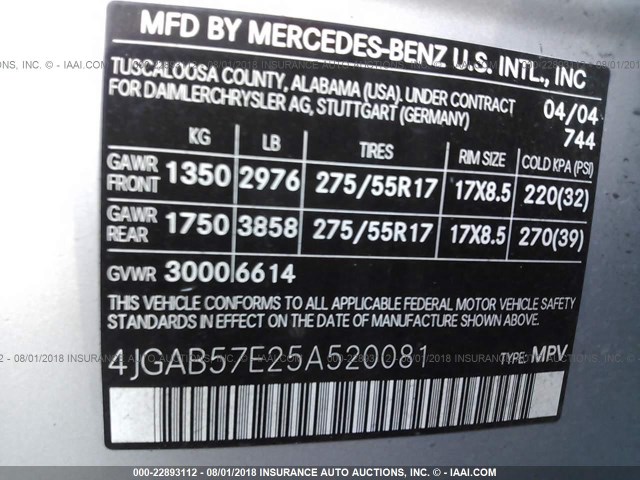 4JGAB57E25A520081 - 2005 MERCEDES-BENZ ML 350 SILVER photo 9