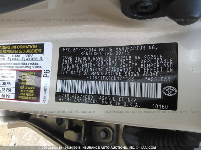 4T1BF1FK6CU171186 - 2012 TOYOTA CAMRY SE/LE/XLE უცნობი ფოტო 9