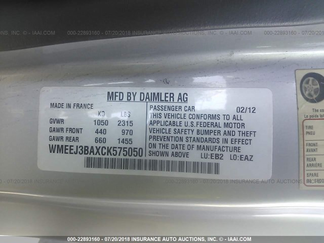 WMEEJ3BAXCK575050 - 2012 SMART FORTWO PURE/PASSION WHITE photo 9