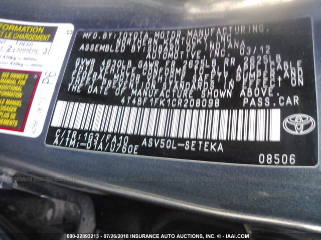 4T4BF1FK1CR208098 - 2012 TOYOTA CAMRY SE/LE/XLE ნაცრისფერი ფოტო 9