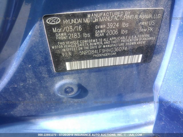 5NPD84LF9HH036074 - 2017 HYUNDAI ELANTRA SE/VALUE/LIMITED BLUE photo 9