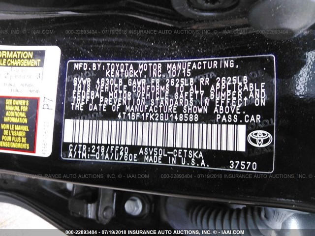 4T1BF1FK2GU148588 - 2016 TOYOTA CAMRY LE/XLE/SE/XSE 黑色 照片 9