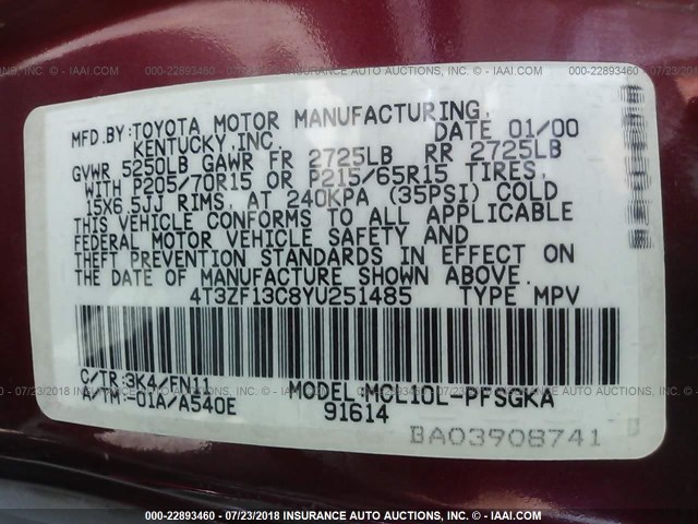 4T3ZF13C8YU251485 - 2000 TOYOTA SIENNA LE/XLE RED photo 9