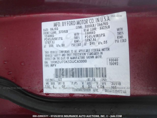 1FMZU73K53UC63000 - 2003 FORD EXPLORER XLT/XLT SPORT/NBX 红色 照片 9