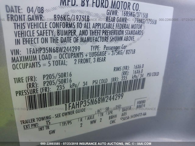 1FAHP35N68W244299 - 2008 FORD FOCUS SE/SEL/SES SILVER photo 9