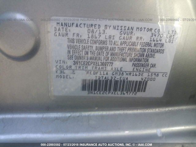 3N1CE2CPXEL369772 - 2014 NISSAN VERSA NOTE S/S PLUS/SV/SL SILVER photo 9