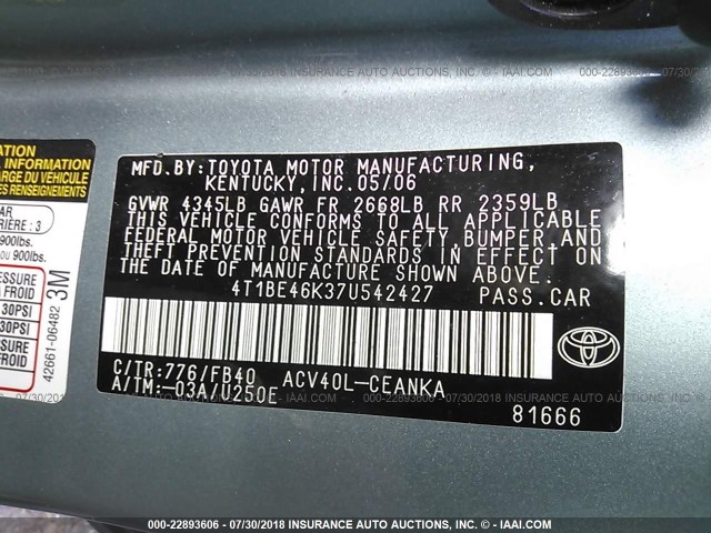 4T1BE46K37U542427 - 2007 TOYOTA CAMRY NEW GENERAT CE/LE/XLE/SE GREEN photo 9