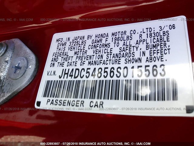 JH4DC54856S015563 - 2006 ACURA RSX RED photo 9