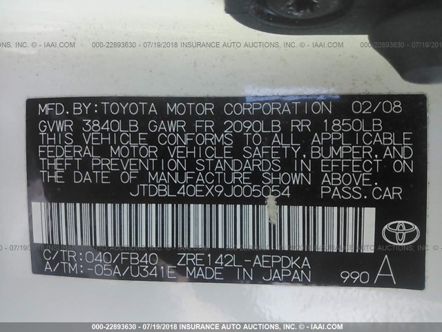 JTDBL40EX9J005054 - 2009 TOYOTA COROLLA LE/XLE WHITE photo 9