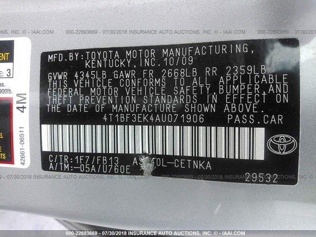 4T1BF3EK4AU071906 - 2010 TOYOTA CAMRY SE/LE/XLE ვერცხლისფერი ფოტო 9