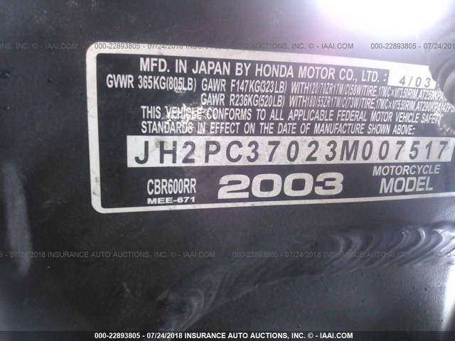 JH2PC37023M007517 - 2003 HONDA CBR600 RR BLACK photo 10