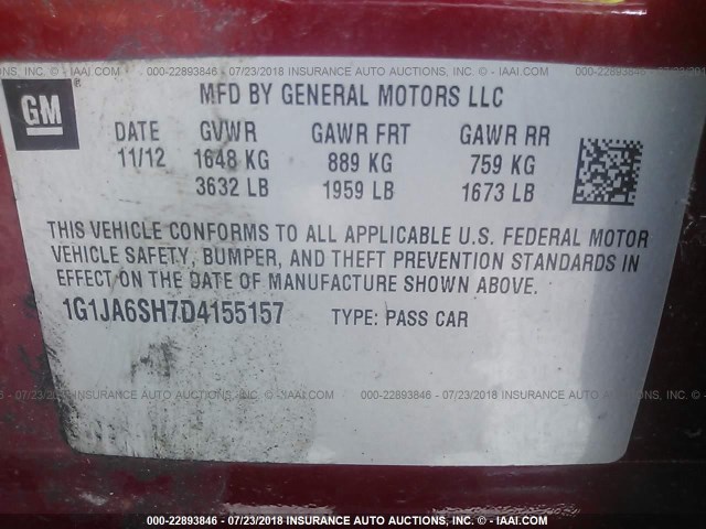 1G1JA6SH7D4155157 - 2013 CHEVROLET SONIC LS RED photo 9