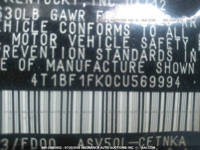 4T1BF1FK0CU569994 - 2012 TOYOTA CAMRY SE/LE/XLE RED photo 9