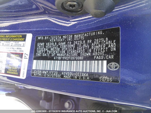 4T1BF1FK2FU970080 - 2015 TOYOTA CAMRY LE/XLE/SE/XSE BLUE photo 9