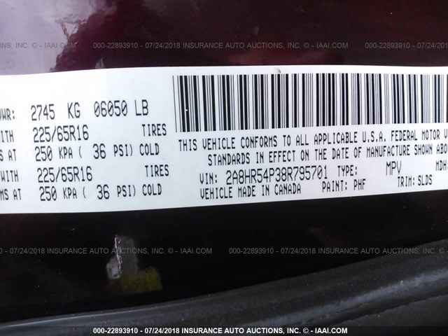 2A8HR54P38R795701 - 2008 CHRYSLER TOWN & COUNTRY TOURING MAROON photo 9