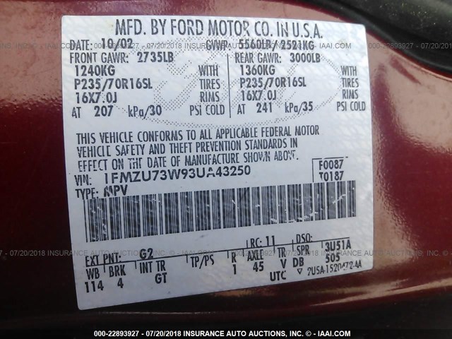 1FMZU73W93UA43250 - 2003 FORD EXPLORER XLT/XLT SPORT/NBX 红色 照片 9