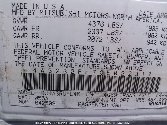 4A32B2FF7CE022317 - 2012 MITSUBISHI GALANT FE WHITE photo 9