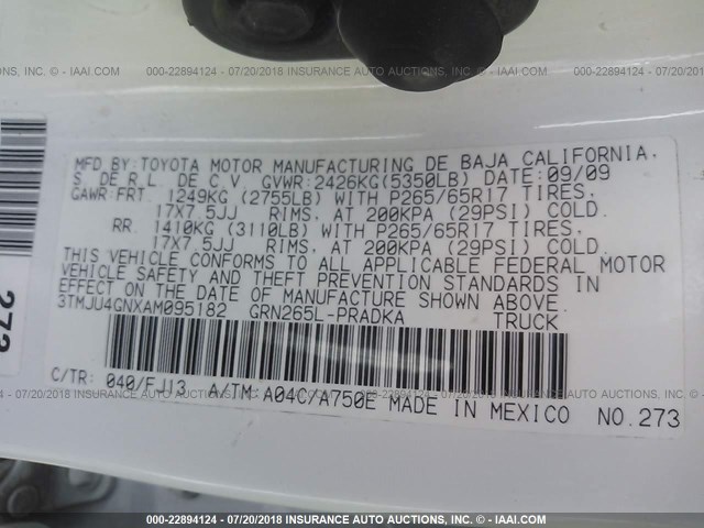 3TMJU4GNXAM095182 - 2010 TOYOTA TACOMA DOUBLE CAB PRERUNNER WHITE photo 9