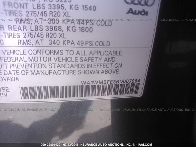 WA1WMBFE3BD007964 - 2011 AUDI Q7 PRESTIGE GRAY photo 9