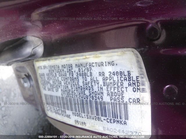 4T1BG22K2VU070349 - 1997 TOYOTA CAMRY CE/LE/XLE 勃艮第红 照片 9