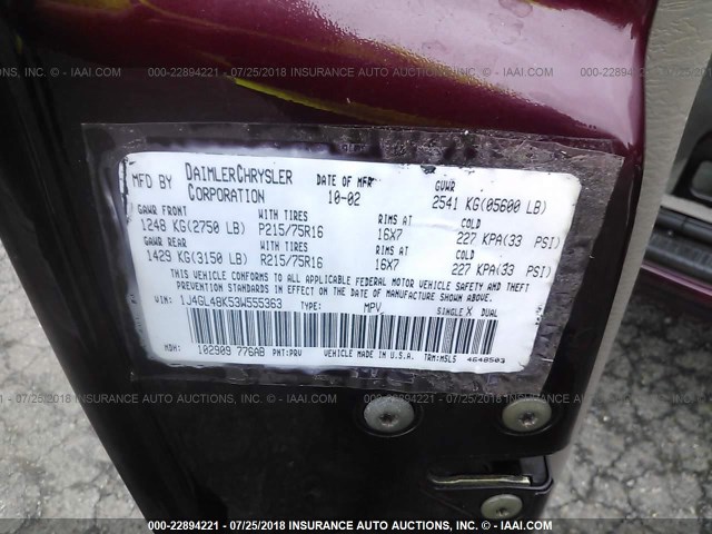 1J4GL48K53W555363 - 2003 JEEP LIBERTY SPORT/FREEDOM ბურგუნდია ფოტო 9