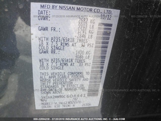 5N1AR2MM9DC604441 - 2013 NISSAN PATHFINDER S/SV/SL/PLATINUM GRAY photo 9