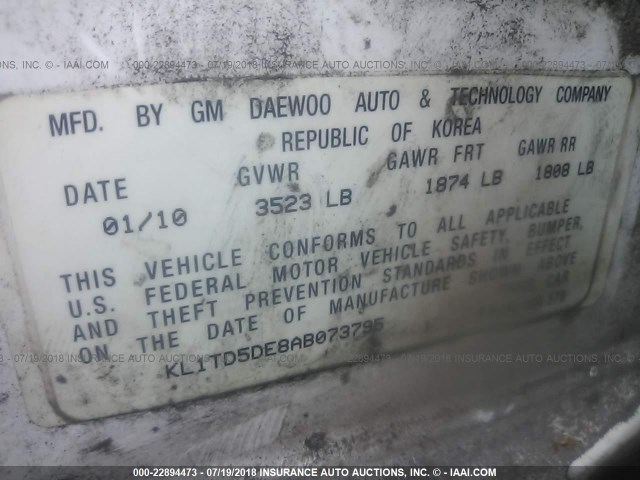 KL1TD5DE8AB073795 - 2010 CHEVROLET AVEO LS/LT 白色 照片 9