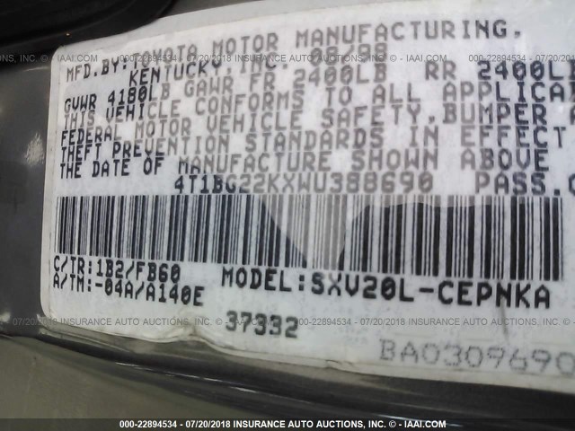 4T1BG22KXWU388690 - 1998 TOYOTA CAMRY CE/LE/XLE GRAY photo 9