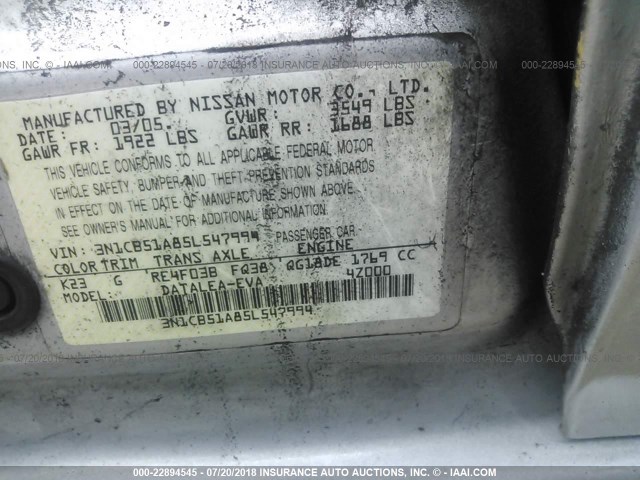 3N1CB51A85L547994 - 2005 NISSAN SENTRA 1.8S SILVER photo 9