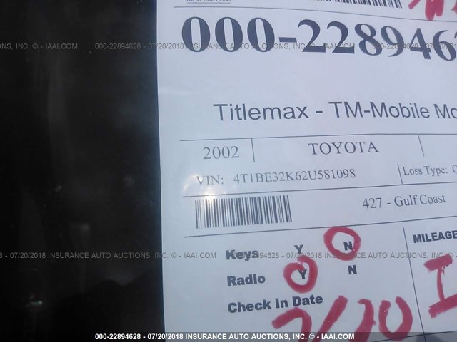 4T1BE32K62U581098 - 2002 TOYOTA CAMRY LE/XLE/SE Mavi foto 7