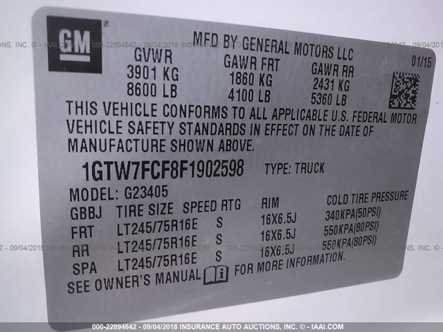 1GTW7FCF8F1902598 - 2015 GMC SAVANA G2500 WHITE photo 9