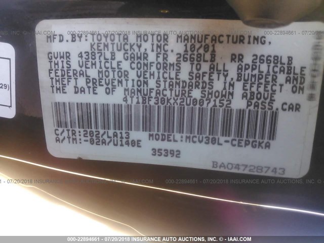 4T1BF30KX2U007152 - 2002 TOYOTA CAMRY LE/XLE/SE 黑色 照片 9