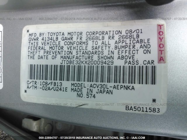 JTDBE32KX20009429 - 2002 TOYOTA CAMRY LE/XLE/SE Boz foto 9