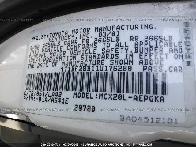 4T1BF28B11U176280 - 2001 TOYOTA AVALON XL/XLS WHITE photo 9