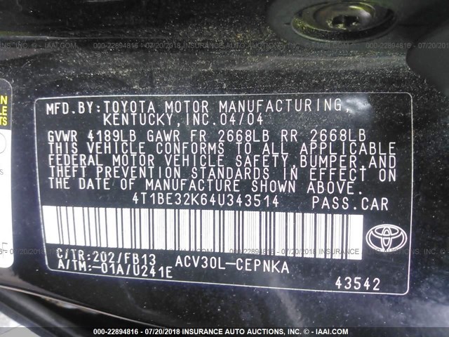 4T1BE32K64U343514 - 2004 TOYOTA CAMRY LE/XLE/SE Qara foto 9