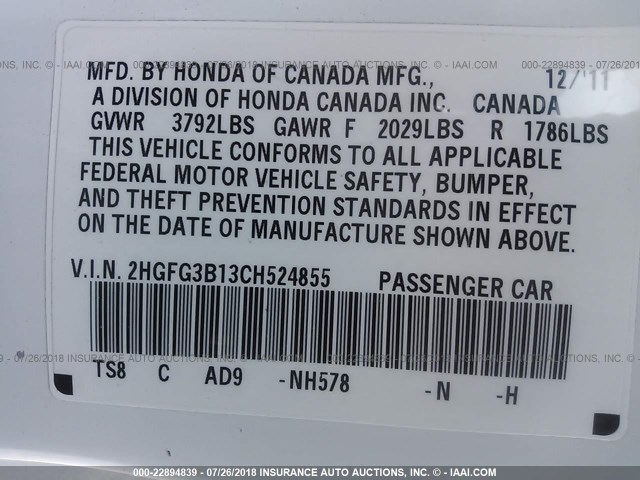2HGFG3B13CH524855 - 2012 HONDA CIVIC EXL WHITE photo 9