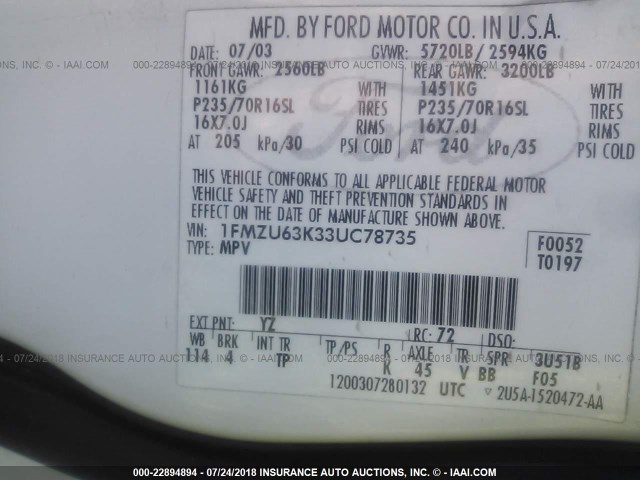 1FMZU63K33UC78735 - 2003 FORD EXPLORER XLT/XLT SPORT/NBX 白色 照片 9