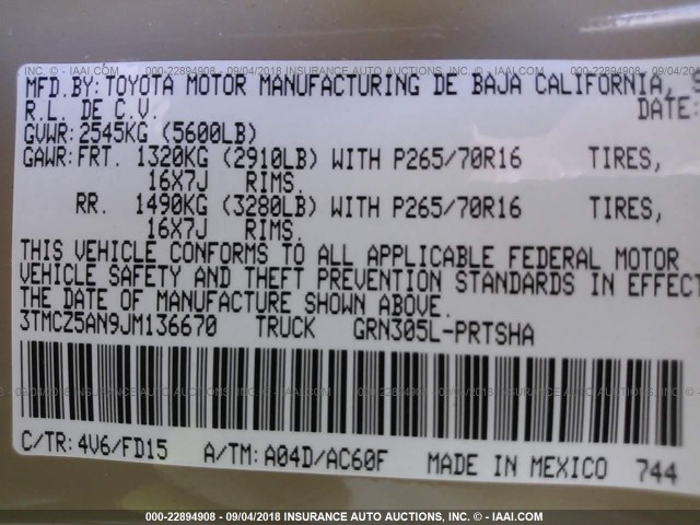 3TMCZ5AN9JM136670 - 2018 TOYOTA TACOMA DBL CAB/SR/TRDSPT/OR/PRO Қоңыр фото 9