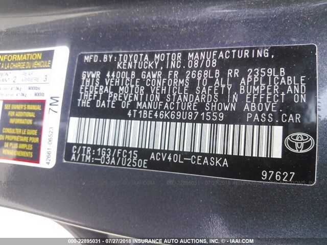 4T1BE46K69U871559 - 2009 TOYOTA CAMRY SE/LE/XLE ნაცრისფერი ფოტო 9