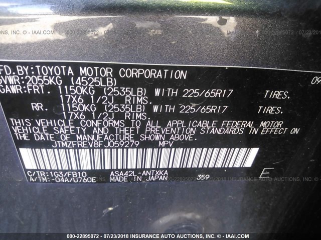 JTMZFREV8FJ059279 - 2015 TOYOTA RAV4 LE GRAY photo 9