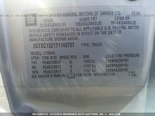 2GTEC13Z171149707 - 2007 GMC NEW SIERRA C1500 SILVER photo 9